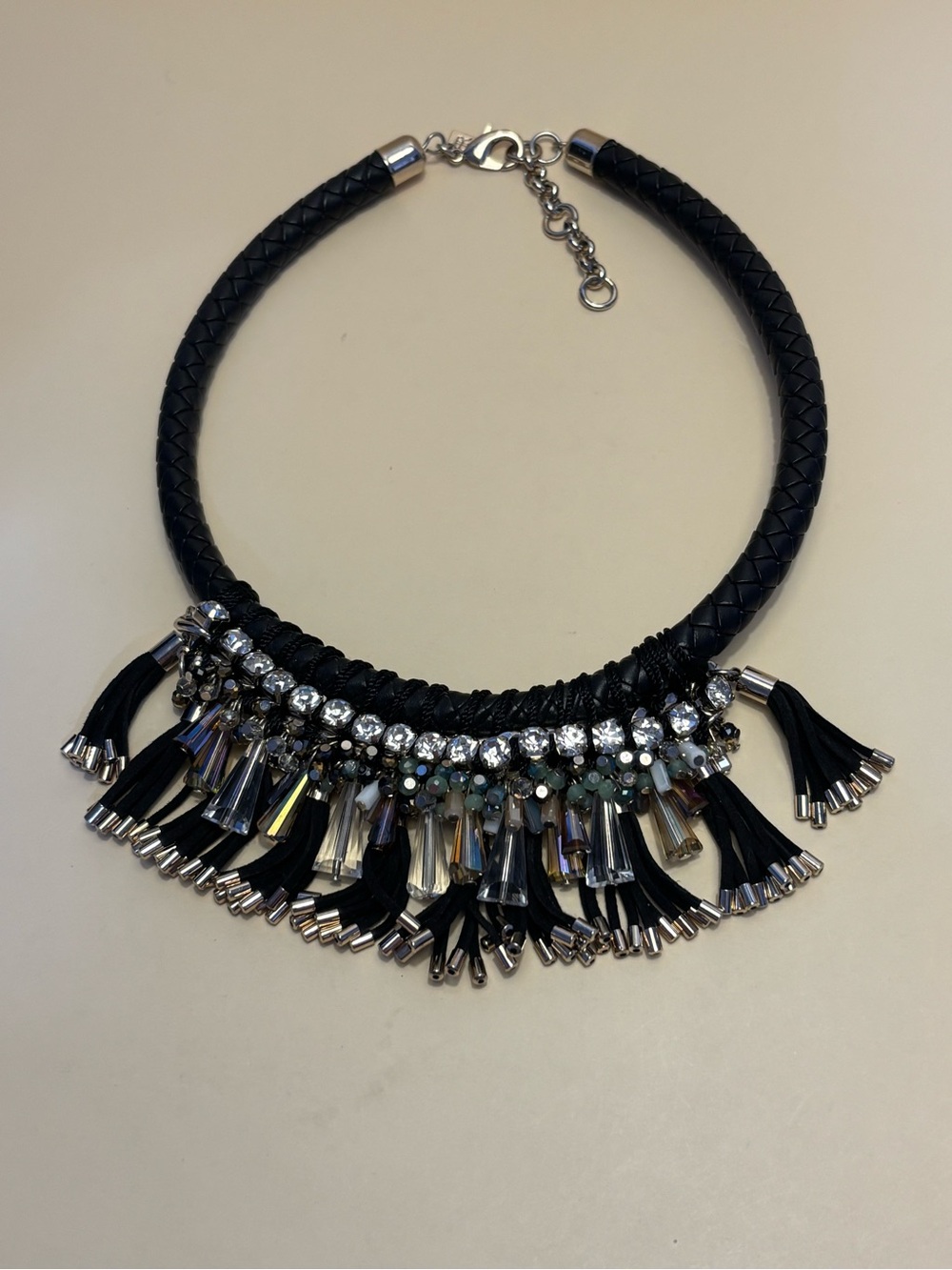 Banana Republic Black Tassel Crystal Statement Necklace 18”+2”